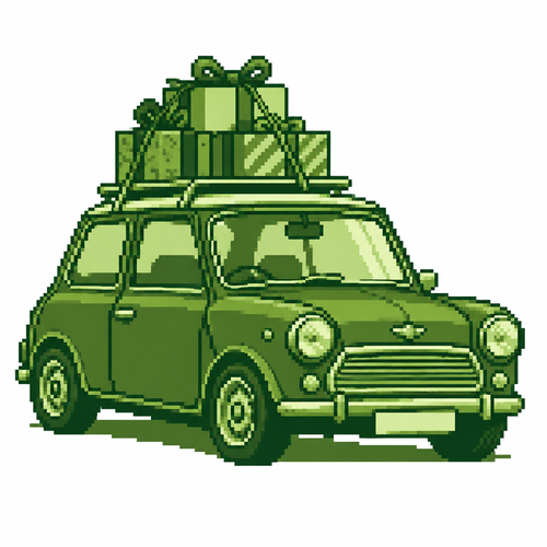 A red-style classic car with presents tied to its roof. White background 