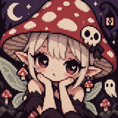 Spooky cute kawaii close up of a mushroom fairy 
