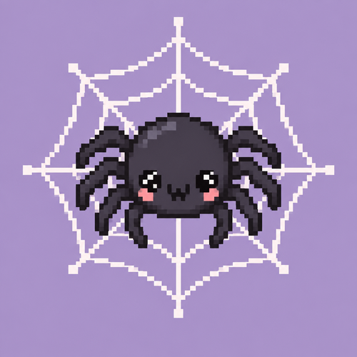 Cue kawaii spider on a spiderweb. Plain background 