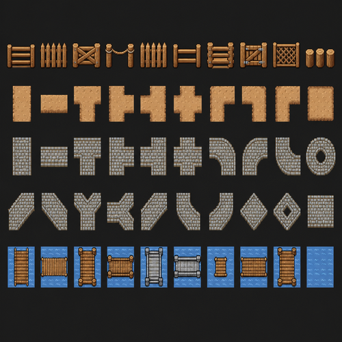 A 2d pixel art sprite sheet full of 50 assets evenly spaced in rows of 10 and columns of 5 evenly spaced 32x32 pixels. Completely squared corners. Clean crisp lines and sharp edges. Fully orthogonal. Let’s do fences, dirt paths with no grass, cobblestone roads with curves, radius, 90, 45, bridges over water, etc