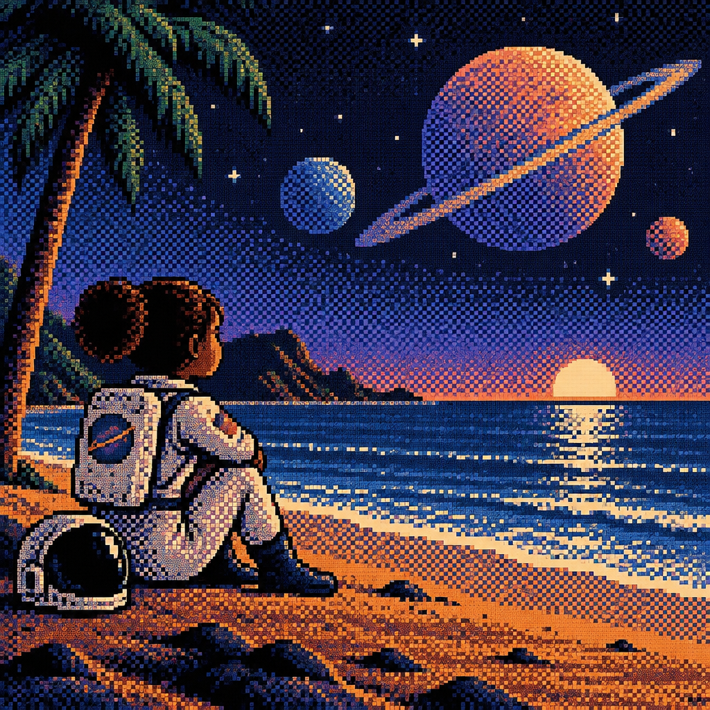 A young astronaut girl with brown skin watches planets from a beach shore