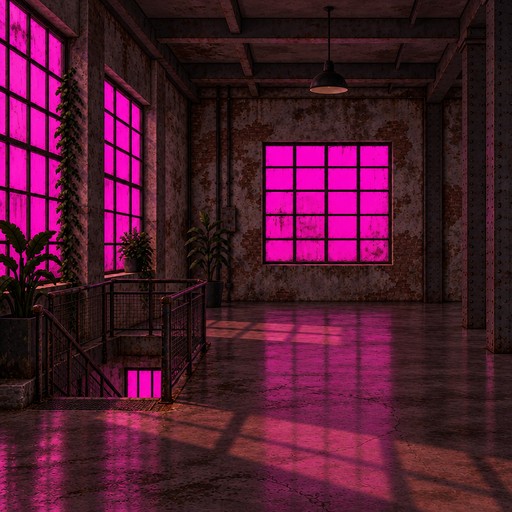 Pixel art hallway with glowing magenta windows and reflective floors