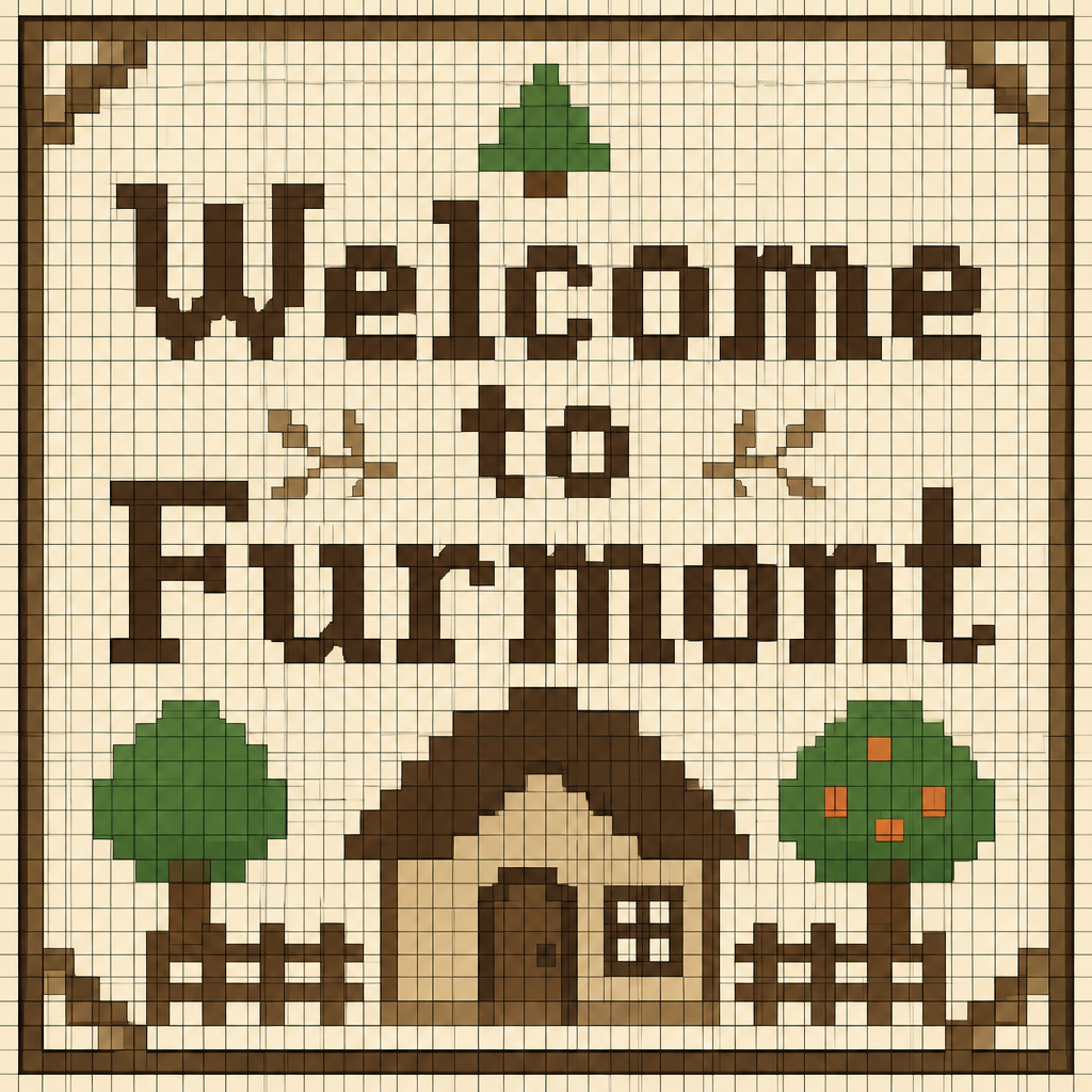 Create a 32×32 pixel art image for an Animal Crossing: New Horizons custom design. The canvas must contain exactly 32 columns × 32 rows of discrete square cells. Each cell must be a single, completely uniform solid color. NO gradients, shading, anti-aliasing, texture, dithering, highlights, transparency, or multiple colors within any individual cell. Every color change must occur only at the boundary between two cells. Make every pixel a perfect square of identical size. Add a thin grid line around every individual 1×1 pixel cell so all 32×32 cells are clearly visible. It should say Welcome to Furmont in beige, brown, neutral colors. Use a limited color palette and hard edges only. Do not create details smaller than one pixel.