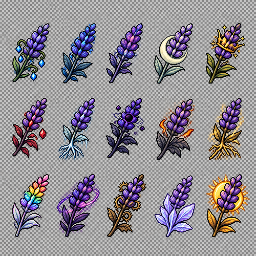 Create a 2D pixel art sprite sheet featuring 15 individual icons each exactly 32x32  pixels, arranged 5 horizontally and 3 vertically spaced evenly. Style: classic fantasy RPG, inspired by 16bit games, with crisp pixel art, clean outlines, subtle shading, and a cohesive color palette. Use a transparent background. Each Icon  should be centered within its 32x32 canvas and remain highly readable at small sizes. 




The 15 icons are: 




1: Sapphire Vine Lavender
2: Cobalt Bloom Lavender
3: Nebula Stem Lavender
4: Lunar Petal Lavender 
5: Stellar Crown Lavender 
6: Ruby Leaf Lavender 
7: Frost Root Lavender 
8: Void Star Lavender 
9: Ashen Flame Lavender 
10: Thunder Root Lavender 
11: Prismatic Shroud Lavender 
12: Purple Nebula Lavender 
13: Clockwork Thorn Lavender
14: Crystalline 2 Petal Lavender
15: Solar Absorbed Lavender




Requirements: 
	•	Each icon must be exactly 32x32 pixels.
  • All based off of real life variants.
   • All facing sideways so you see the side of their bodies.
	•	Output as a sprite sheet with each icon occupying its own 32x32 cell** DO NOT GO OUT PAST THESE PARAMETERs**
	•	Transparent background.
	•	No text, labels, borders, or UI elements.
	•	Consistent Fantasy RPG Aesthetic across all icons.
	•	High contrast and excellent readability for use in a game interface.
	•	Clean polished pixel art with enough detail for low resolution sprites.
	•	Avoid anti-aliasing, blurring, or painterly effects; preserve a true pixel art appearance.