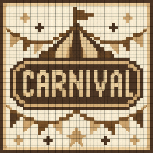 Create a 32×32 pixel art image for an Animal Crossing: New Horizons custom design. The canvas must contain exactly 32 columns × 32 rows of discrete square cells. Each cell must be a single, completely uniform solid color. NO gradients, shading, anti-aliasing, texture, dithering, highlights, transparency, or multiple colors within any individual cell. Every color change must occur only at the boundary between two cells. Make every pixel a perfect square of identical size. Add a thin grid line around every individual 1×1 pixel cell so all 32×32 cells are clearly visible. It should say Carnival in beige, brown, neutral colors. Use a limited color palette and hard edges only. Do not create details smaller than one pixel.
