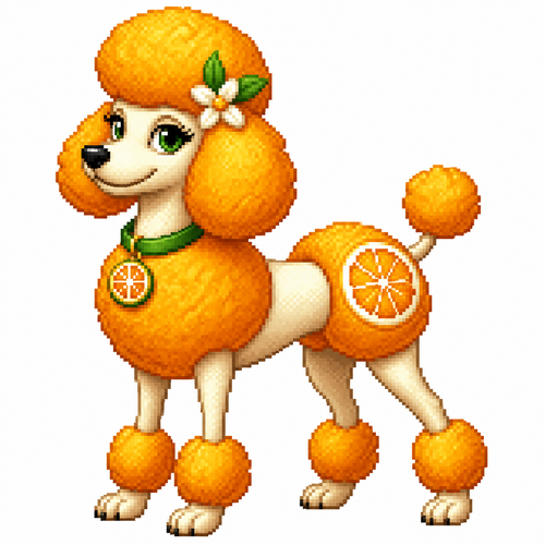Cartoon citrus poodle, full body, white background