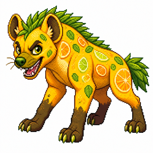 Cartoon citrus hyena, full body, white background
