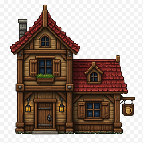 Can you generate me a fantasy style medieval 64x64 pixeled double wide and tall house front view on a completely transparent background. I want the house to be taller on the left than the right. I want the house to be wooden. I want the roof to have a red roof.