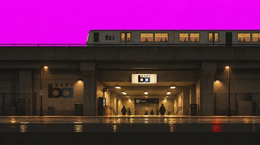 Pixel art of a warmly lit train station entrance at night in pink and amber hues.