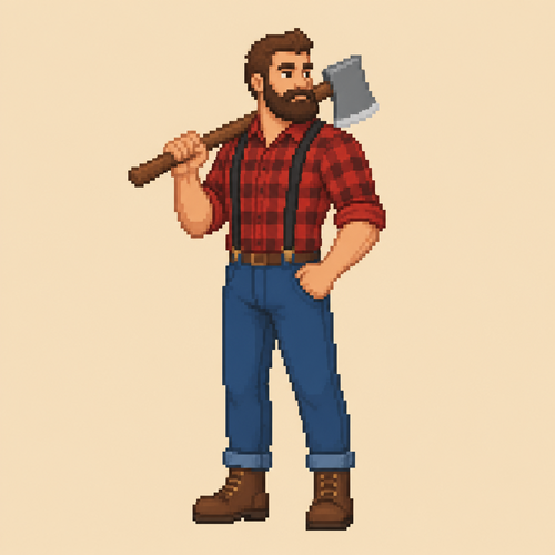 Could you make me a lumberjack with a red checkered shirt, blue pants and suspenders, sleeve up, brown boots, a realistic lumberjack axe not too much detail quite simplistic background without texture and that he holds his axe with his right hand poses on his shoulder axe head behind the lumberjack's head