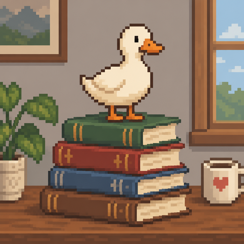 A duck standing on pile of books