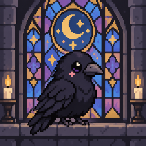 Cute kawaii raven sitting in front of a stained glass window 