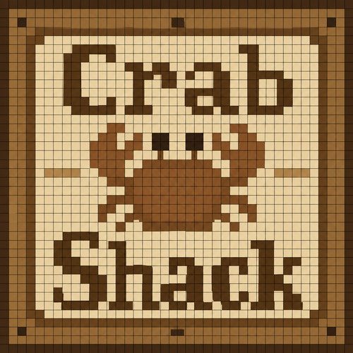 Create a 32×32 pixel art image for an Animal Crossing: New Horizons custom design. The canvas must contain exactly 32 columns × 32 rows of discrete square cells. Each cell must be a single, completely uniform solid color. NO gradients, shading, anti-aliasing, texture, dithering, highlights, transparency, or multiple colors within any individual cell. Every color change must occur only at the boundary between two cells. Make every pixel a perfect square of identical size. Add a thin grid line around every individual 1×1 pixel cell so all 32×32 cells are clearly visible. It should say Crab Shack in beige, brown, neutral colors. Use a limited color palette and hard edges only. Do not create details smaller than one pixel.