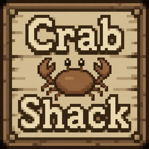 32x32 square that says Crab Shack in beige, brown, neutral colors 