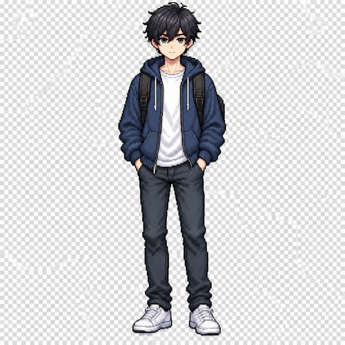 Full body 2D pixel art game character of a 17-year-old male high school student. Short slightly messy black hair, navy blue hoodie over a white t-shirt, dark jeans, white sneakers and a simple black backpack. Normal slim teenage proportions, calm slightly serious expression. Modern high school student, grounded realistic appearance, detailed 32-bit pixel art style, standing idle, front view, centered character, transparent background, game sprite, no text, no scenery.