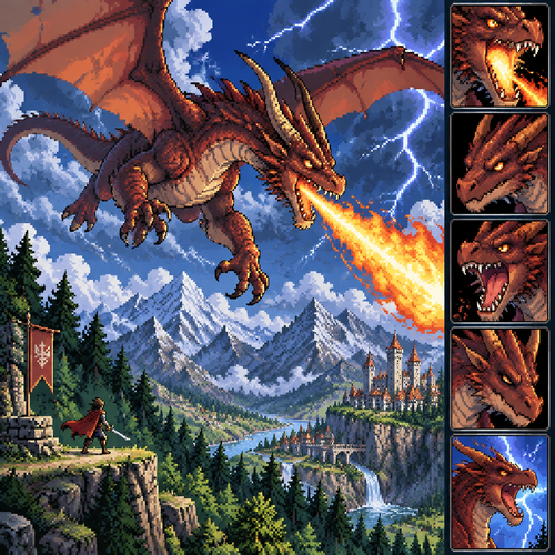 Dragon, flying on sky, fire bolt, moutain, forest, tiny human, thunder