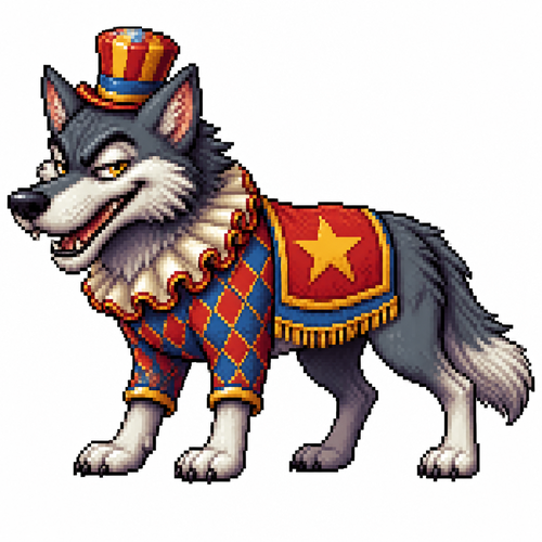 Cartoon circus wolf (quadruped), full body, white background