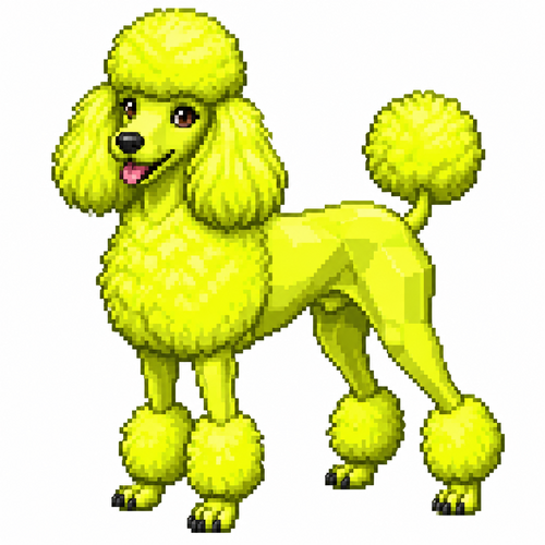 Low-poly neon yellow cartoon poodle, full body, white background