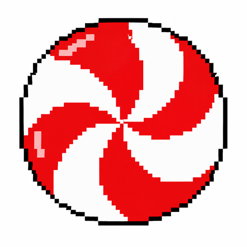 High contrast image on a white background of a peppermint candy with a six section swirl