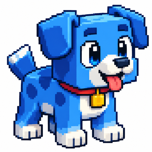 Blue cartoon cube dog, full body, white background