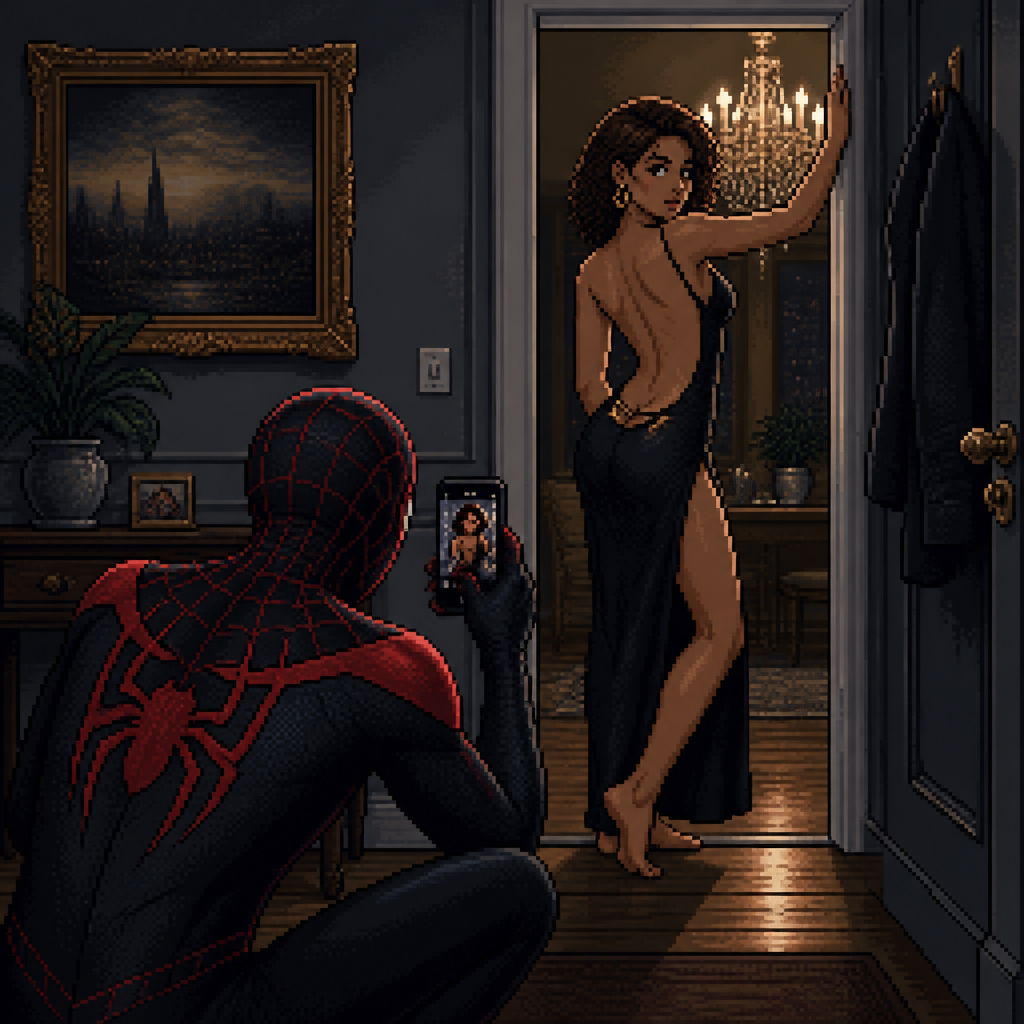 interior hallway scene, dimly lit apartment entryway, ornate framed painting on wall, chandelier visible through open doorway, woman with curly brown hair in a black backless dress with a high leg slit and low-cut open back, hip strap detail visible, leaning against the doorframe with arm raised, Spider-Man in a dark black-and-red suit crouched in the foreground with back to camera, holding up a phone camera, dramatic side lighting, moody shadows, cool grey-toned interior, wood floor, 16-bit pixel art, dithered shading, limited color palette, hard pixel edges, retro game aesthetic, cinematic framing