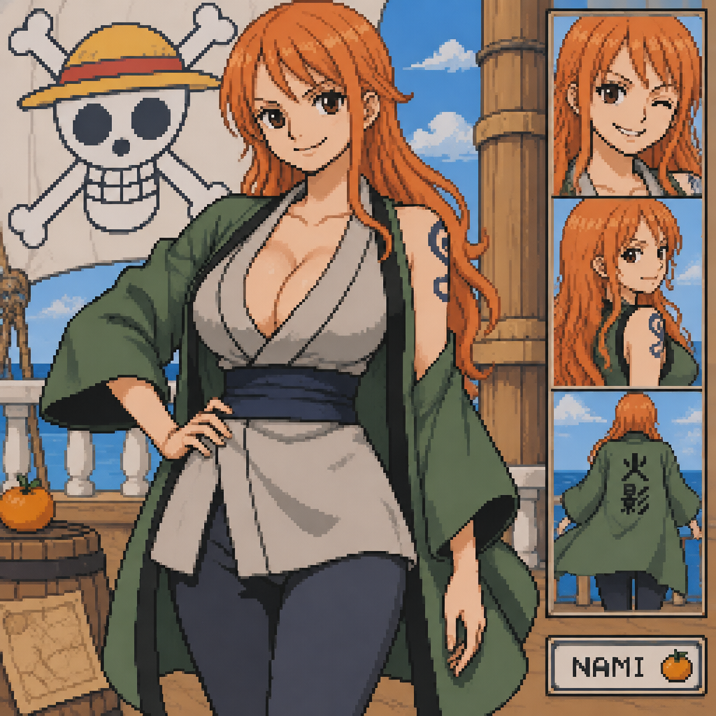 Nami de one piece con la ropa tsunade senju de la serie de Naruto