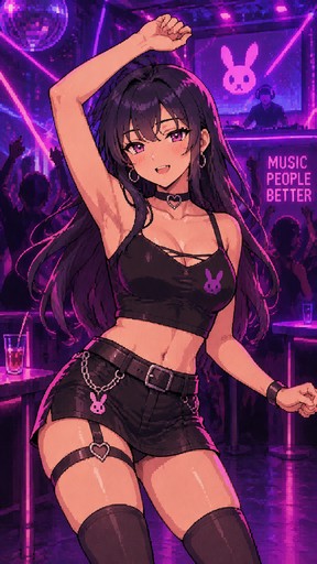 The woman dances rhythmically to electronic music, moving her hips and shoulders naturally, raising one arm and gently moving her head. Her long hair moves with the rhythm. Purple and pink nightclub lights flash and pulse in the background, laser beams move across the room, subtle camera movement, seamless looping animation, preserve the exact original character design and 16-bit pixel art style.