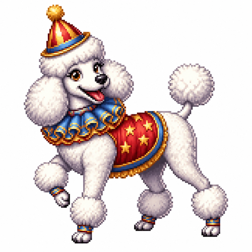 Cartoon circus poodle, full body, white background