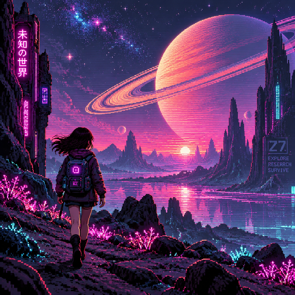 Young girl walking on an alien planet with saturn rising behind her