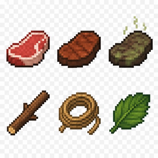 Một sprite sheet pixel art 32x32 gồm thịt sống, thịt chín, thịt thối, que gỗ, dây thừng và lá cây. Các vật phẩm tách biệt, nền trong suốt, pixel rõ nét, phong cách game sinh tồn 2D, không chữ, không UI.