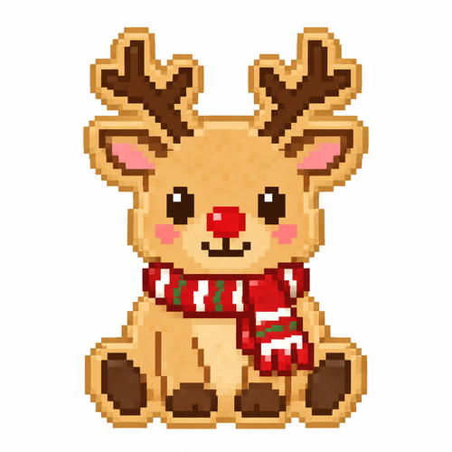 Cute sugar cookie of a sitting rain deer I. A Christmas scarf. White background 