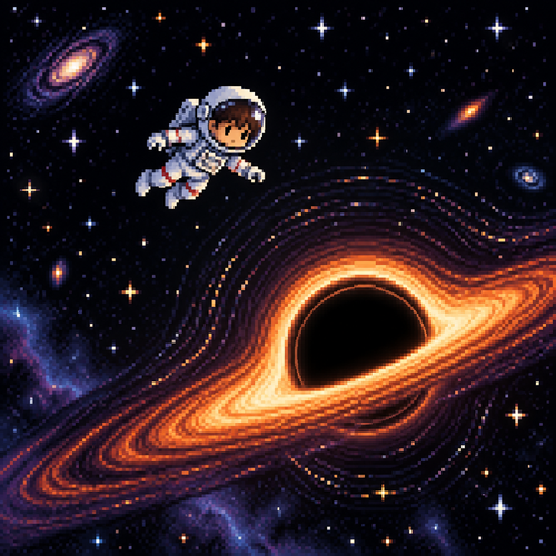 A childcadtronaut floats above a black hole with stars all around it