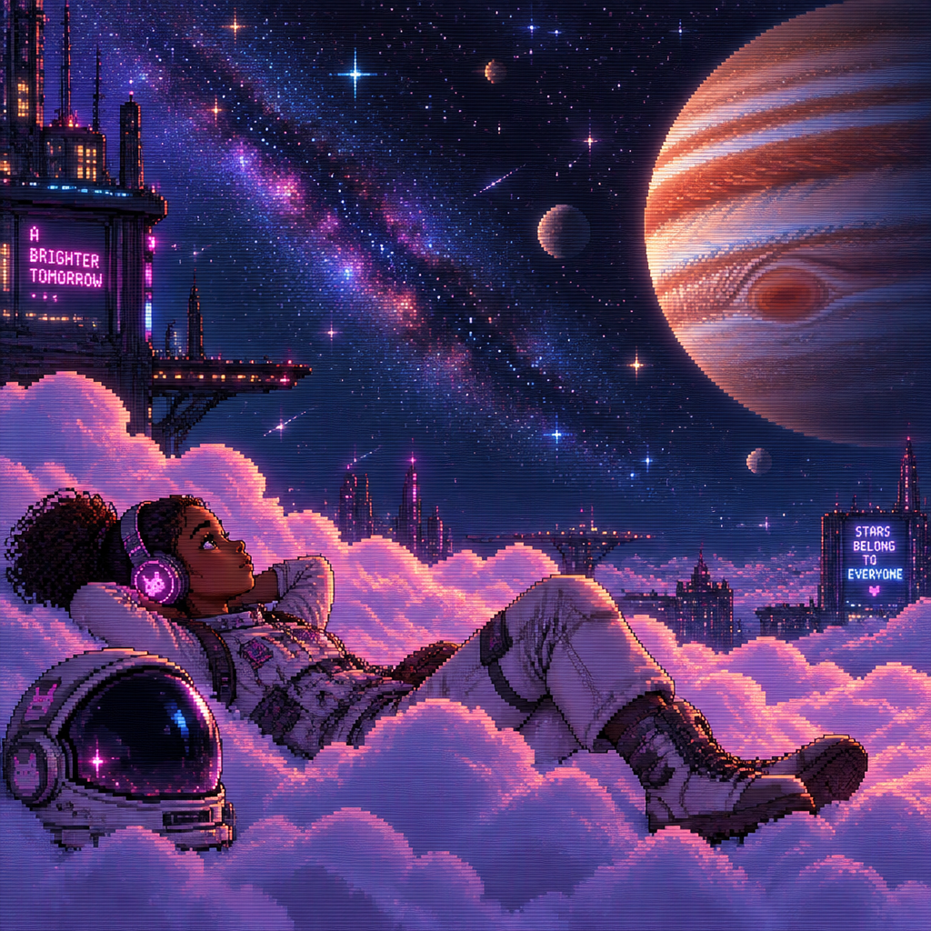 From far away young teen girl astronaut with brown skin and headphones and helmet off lays down on fluffy clouds amat night. Many stars and Jupiter are in background