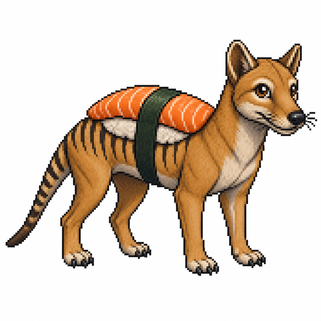 Cartoon sushi thylacine, full body, white background