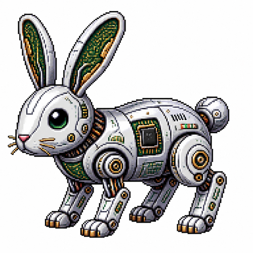 Cartoon circuit board rabbit (quadruped), full body, white background