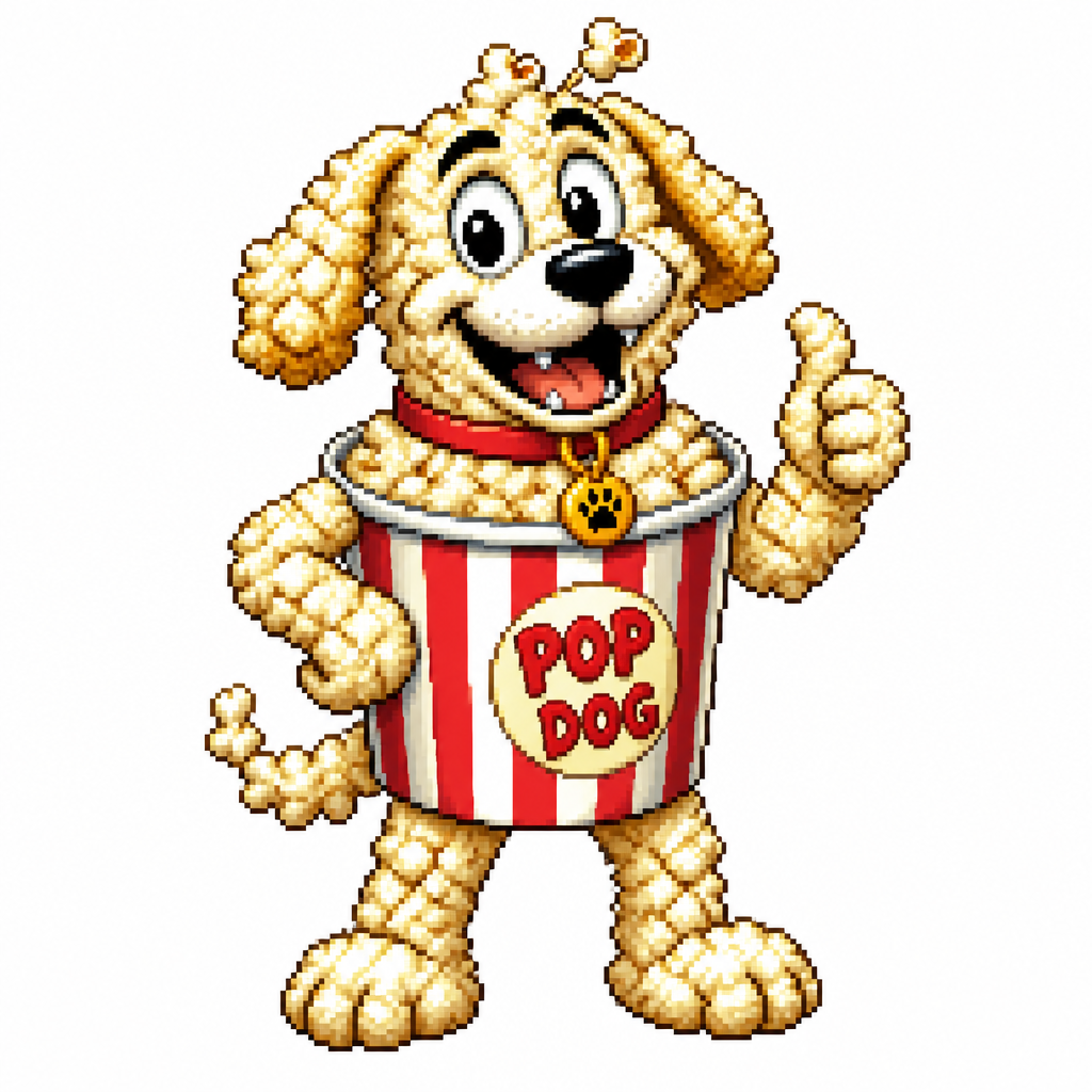 Cartoon popcorn dog, full body, white background