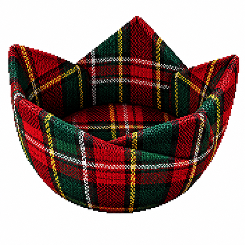High contrast image on a white background of a Tartan Christmas bowl with sharply folded, fabric, and visible woven fibers