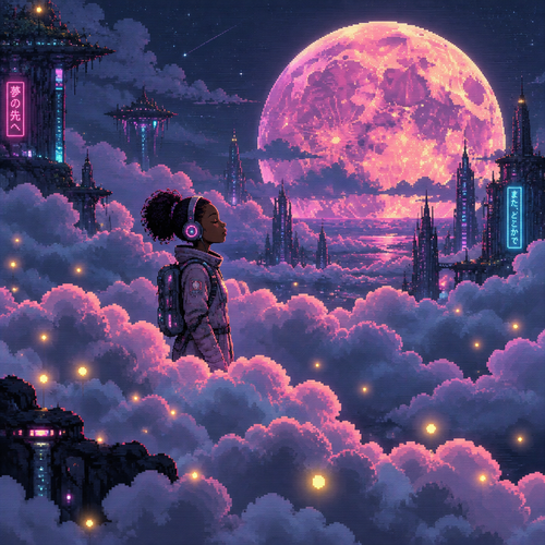 Profile of Young dark skin astronaut girl with headphones and eyes closed standing surrounded by a Lot of puffy clouds. Seen from a distance. A large moon rises in the background. Fireflies are scattered in the scene 