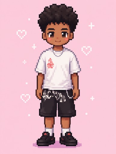 Pixel art of a person standing in a white shirt and black shorts on pink background