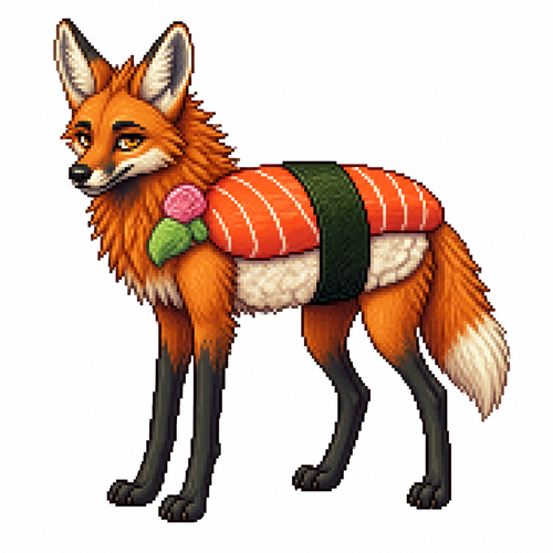 Cartoon sushi maned wolf, full body, white background