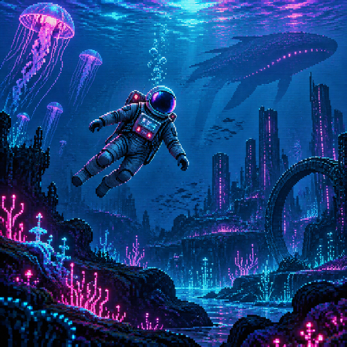 Astronaut floats in an alien ocean under water