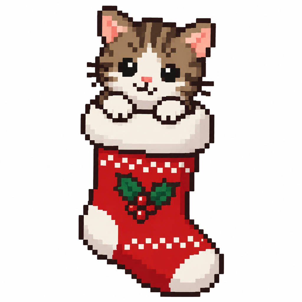 Cute kitten inside of a Christmas stocking. White background