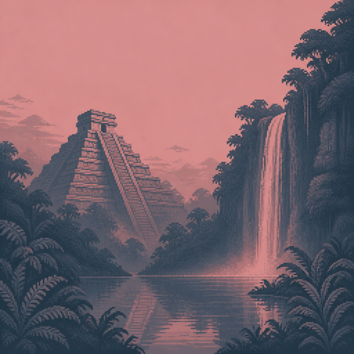 dark moody digital painting, dawn haze over a stepped Mesoamerican pyramid beside a tall
jungle waterfall, strictly limited color palette (2-3 tones maximum): dusty rose and slate
only, no other hues, a pool of still water at the base, dense ferns and canopy, empty of
people and animals, open negative space in the sky, no text
