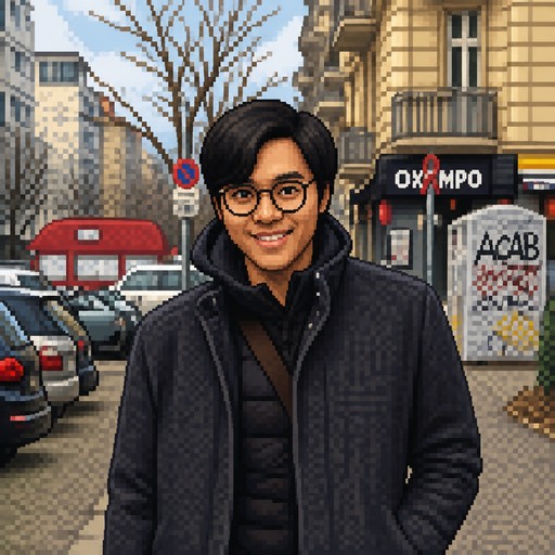 Pixel art of a person in glasses and dark clothing on a city street.