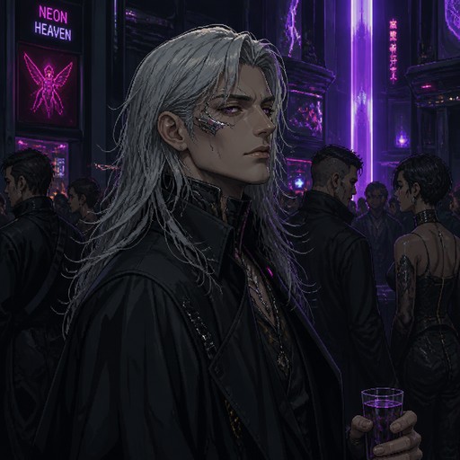partygoer in a cyberpunk style with long grey hair and some implants around the eyes. mainly dark clothing.