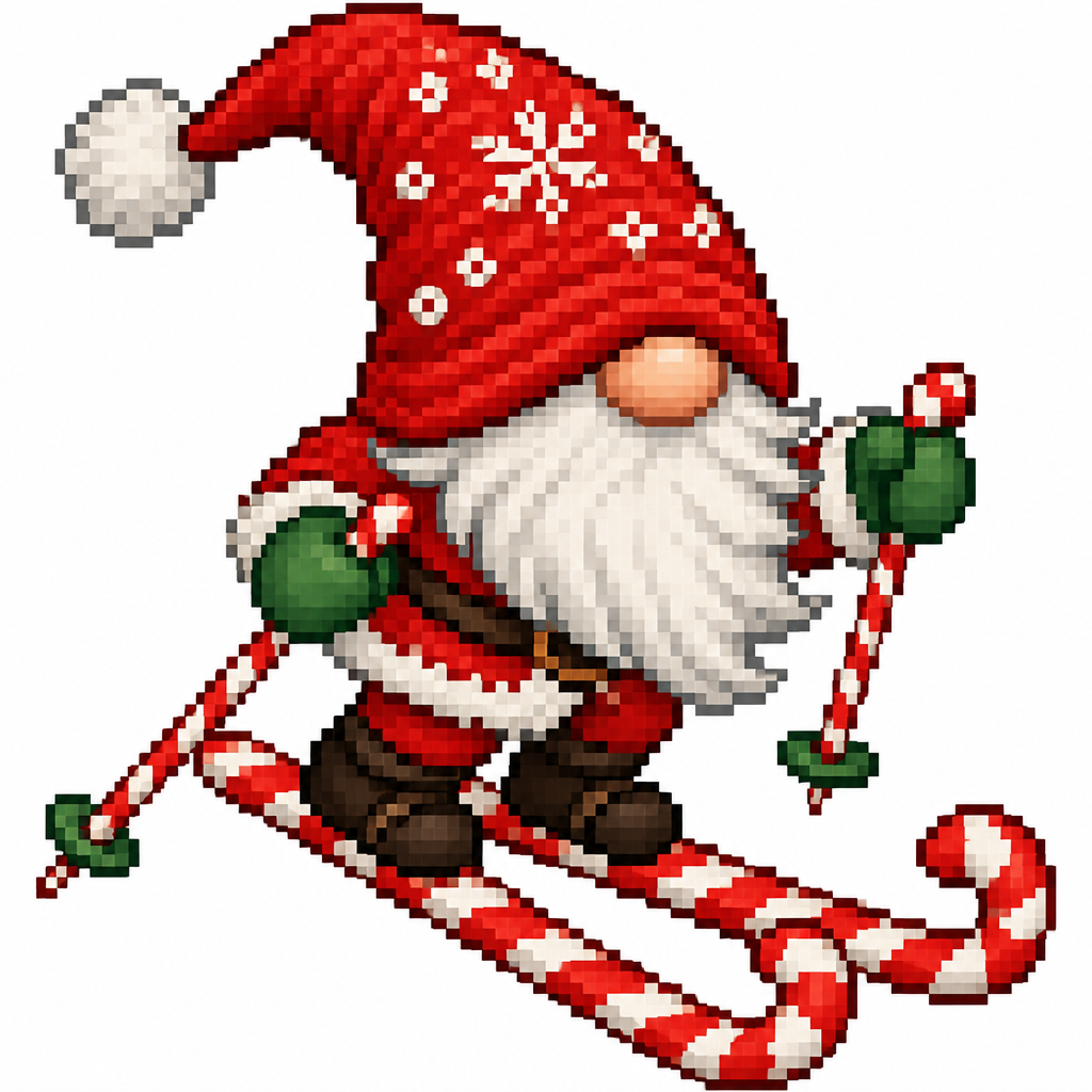 Christmas gnome skiing on candy canes. White background. Close up