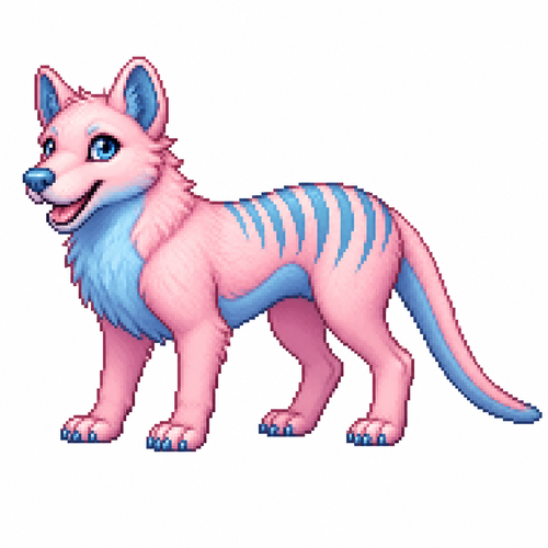 Cartoon cotton candy thylacine, full body, white background