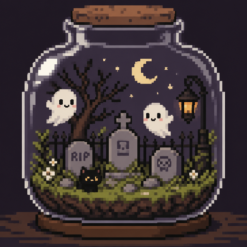 Cute Kawaii haunted terrarium of a tiny cemetery