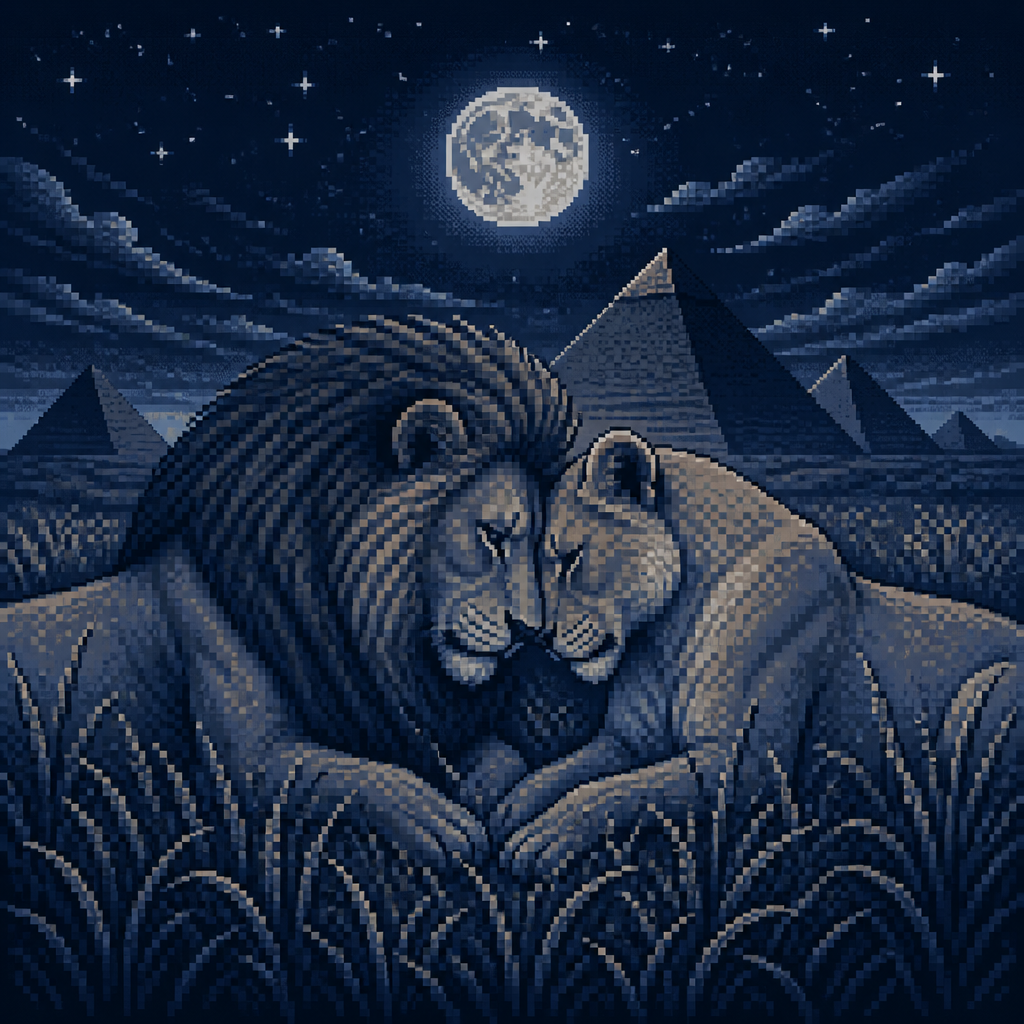 two lions facing each other lying in tall grass, heads lowered and touching, forming a mirrored heart-like shape with their heads, ones male one is female lion , deep moonlit blue-grey night tones, pyramids in the background distance , stylized angular fur texture, star-like light flecks scattered across the dark background, tranquil intimate atmosphere, 16-bit pixel art, dithered shading, limited color palette, hard pixel edges, retro game aesthetic, cinematic framing