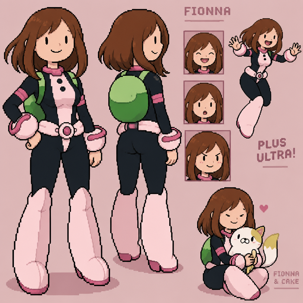 Fionna la humana adventure time con la ropa de ochako uraraka y sin gorro cabello castaño
